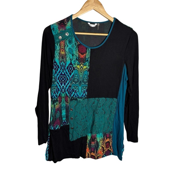 Kaktus Tops - Kaktus black green abstract mixed media lace patchwork tunic blouse size M